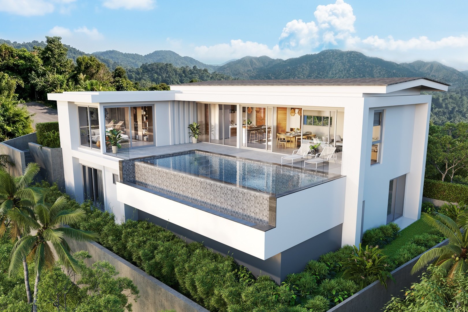 The villa from the garden, pool along the front of the upper level
