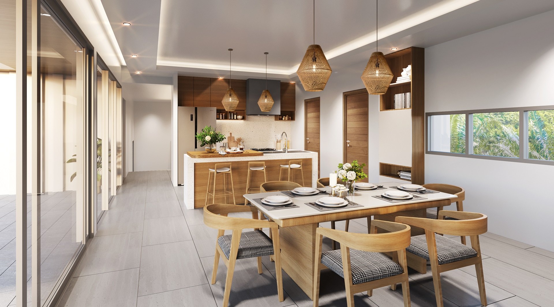 The kitchen island and the dining table on the upper floor