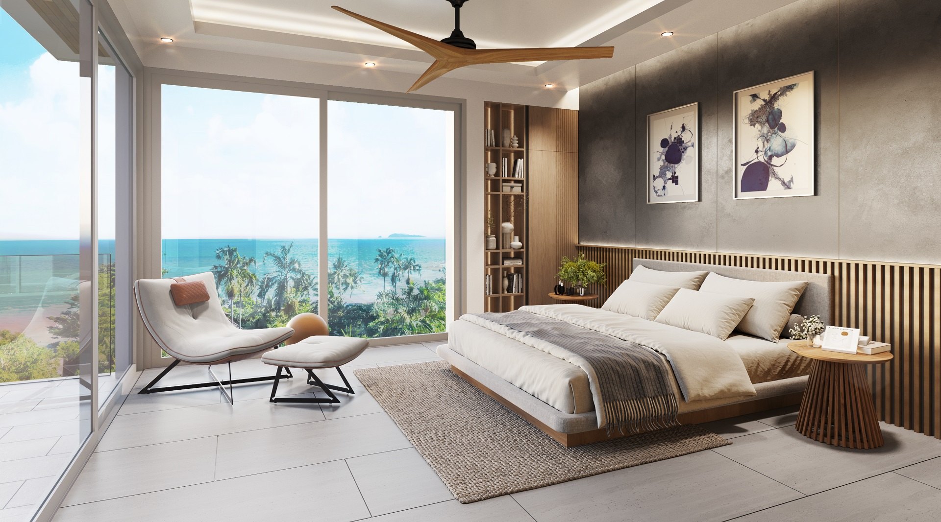 Master bedroom with full-height glass onto the sea view