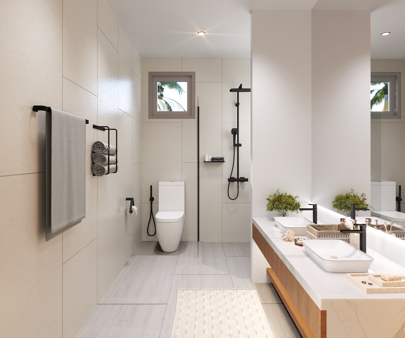 Bathroom with a double vanity and a walk-in shower