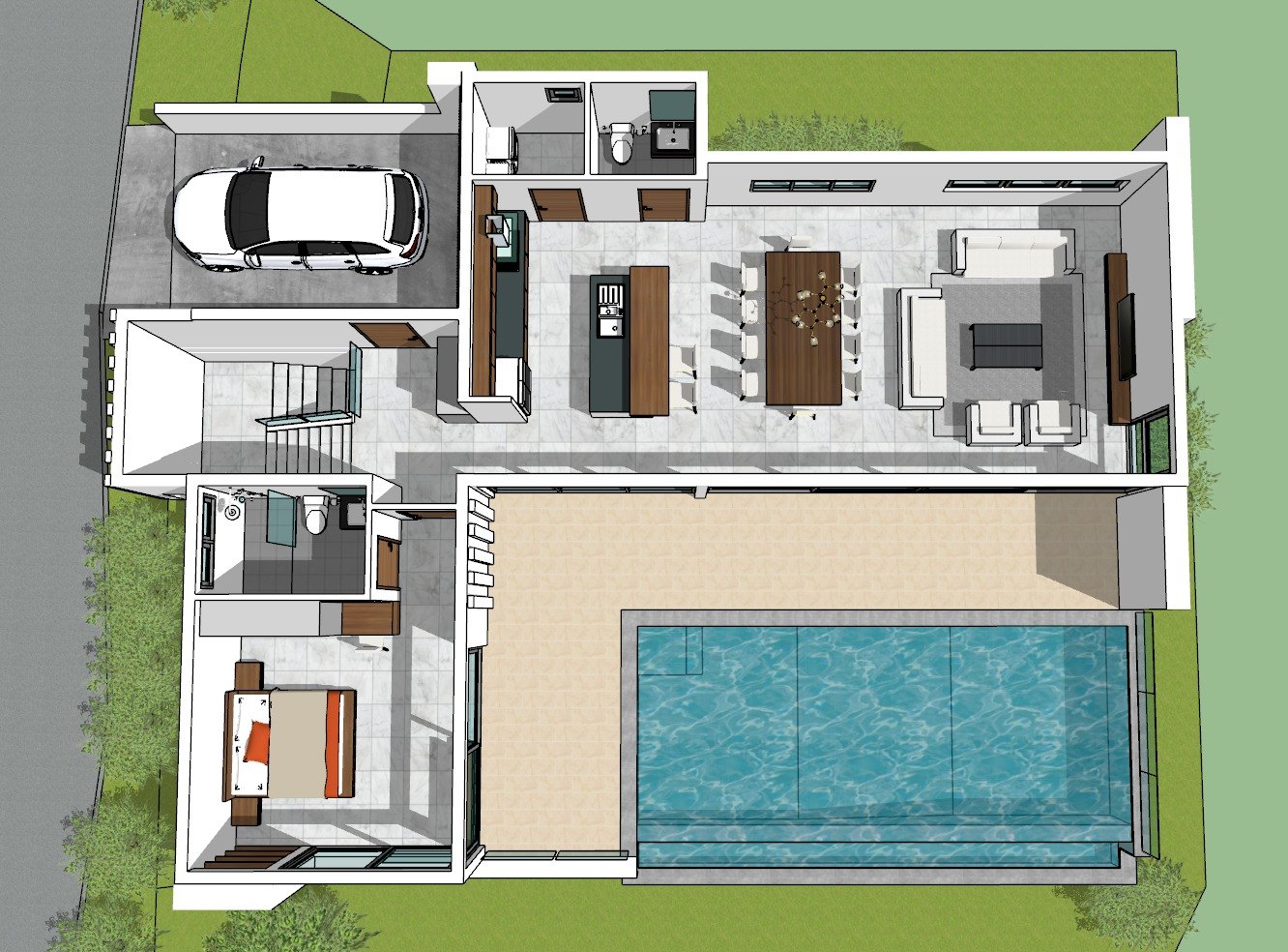 Design plan of the upper level, pool and terrace along the front