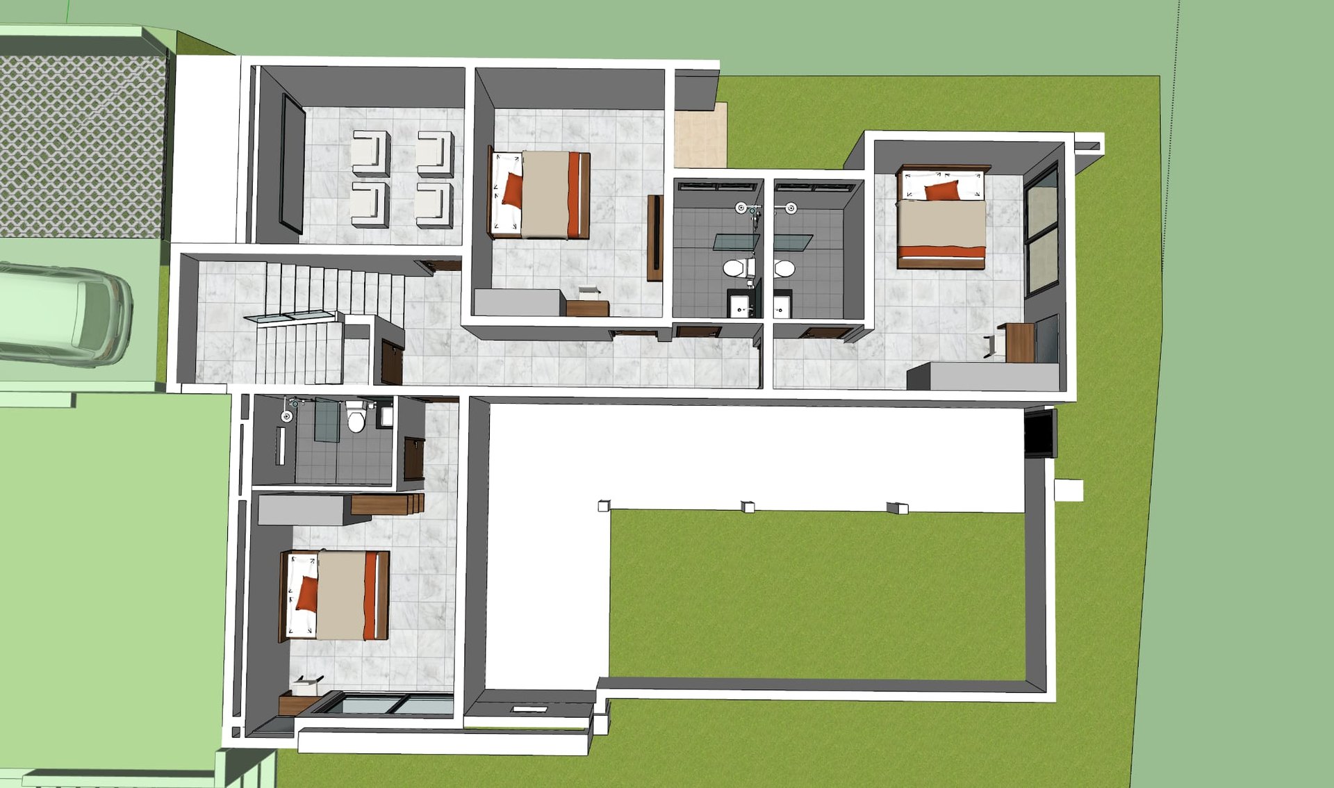 Design plan of the lower level with the three guest bedrooms