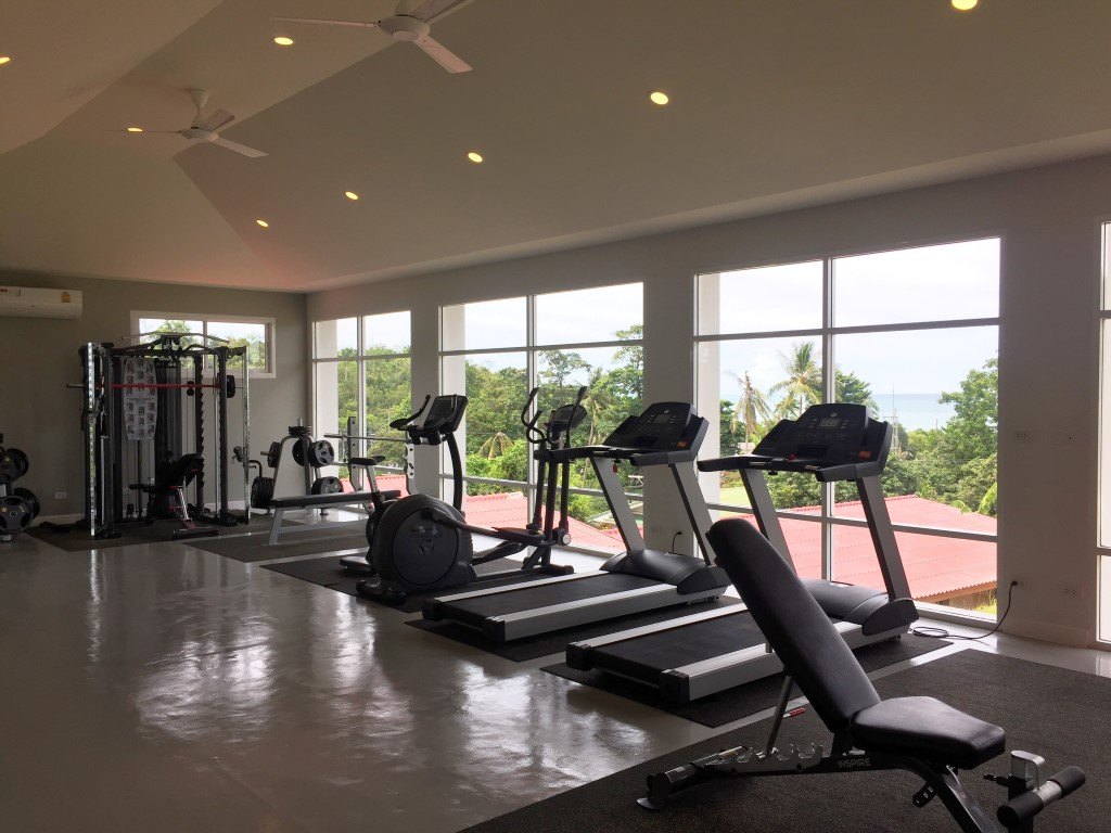 The estate gym, looking out over the trees