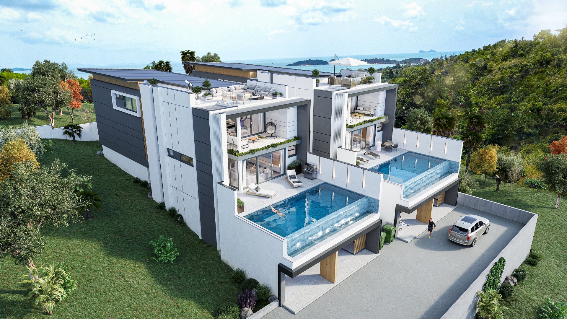 The villa design seen from above, pool along the front of the main floor