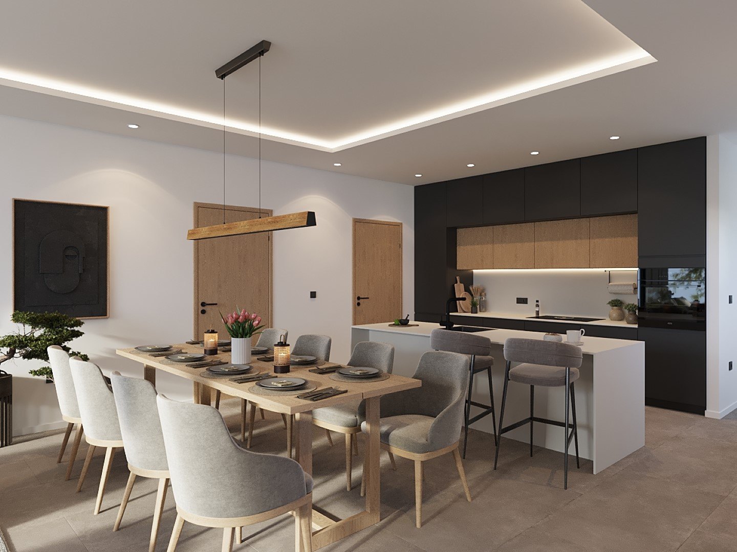 The dining table and the kitchen with its breakfast bar