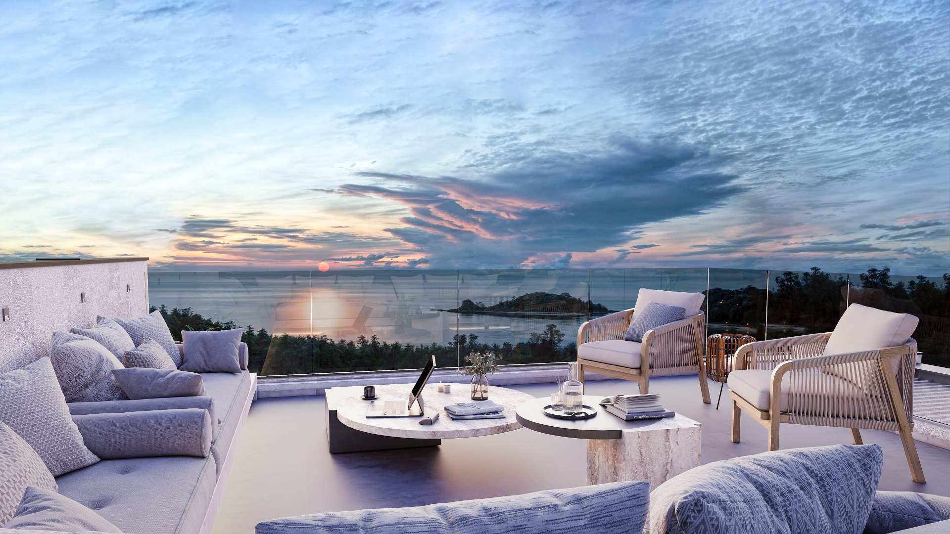 The roof terrace at dusk, looking over the bay