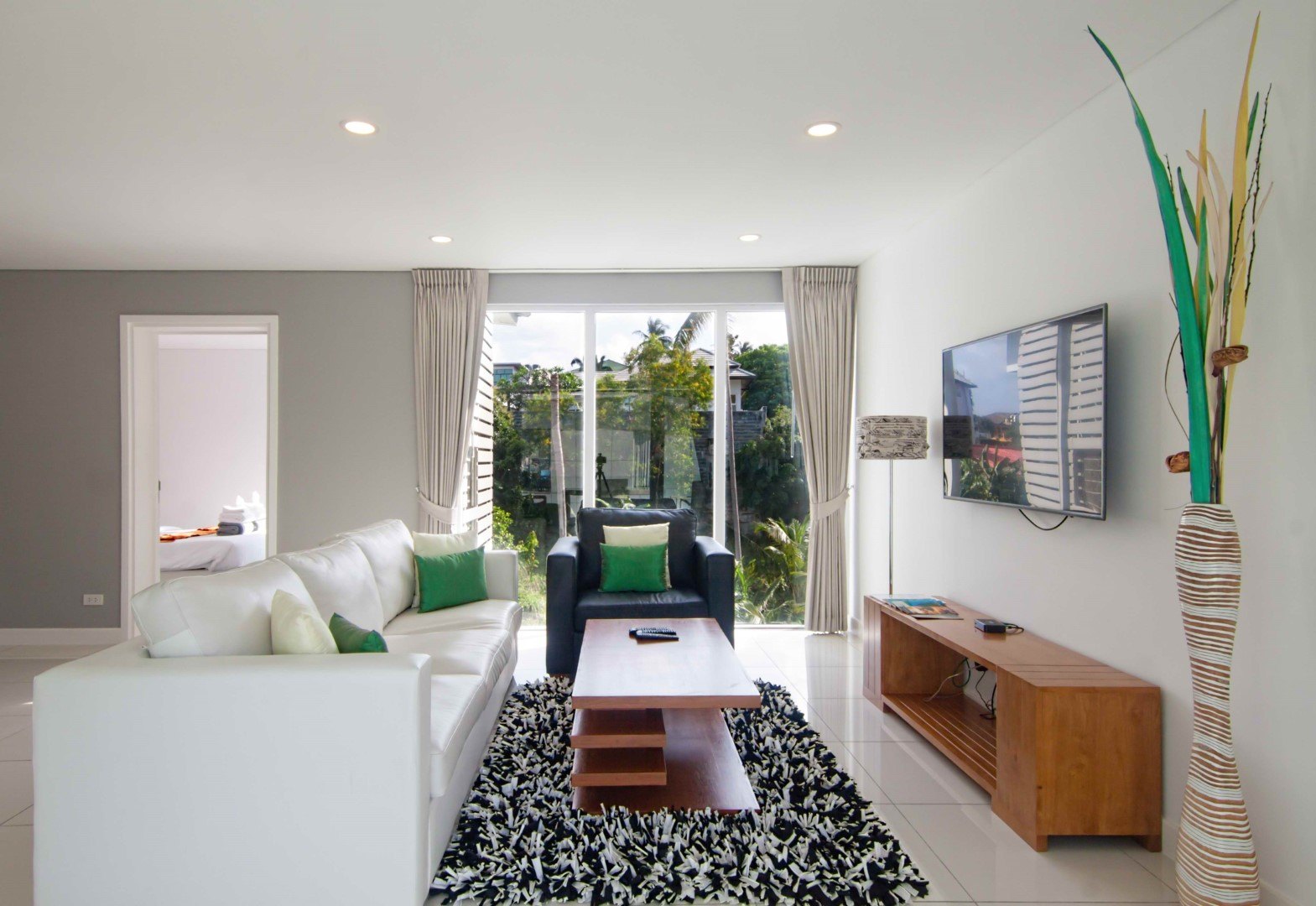 Living area with the balcony doors open