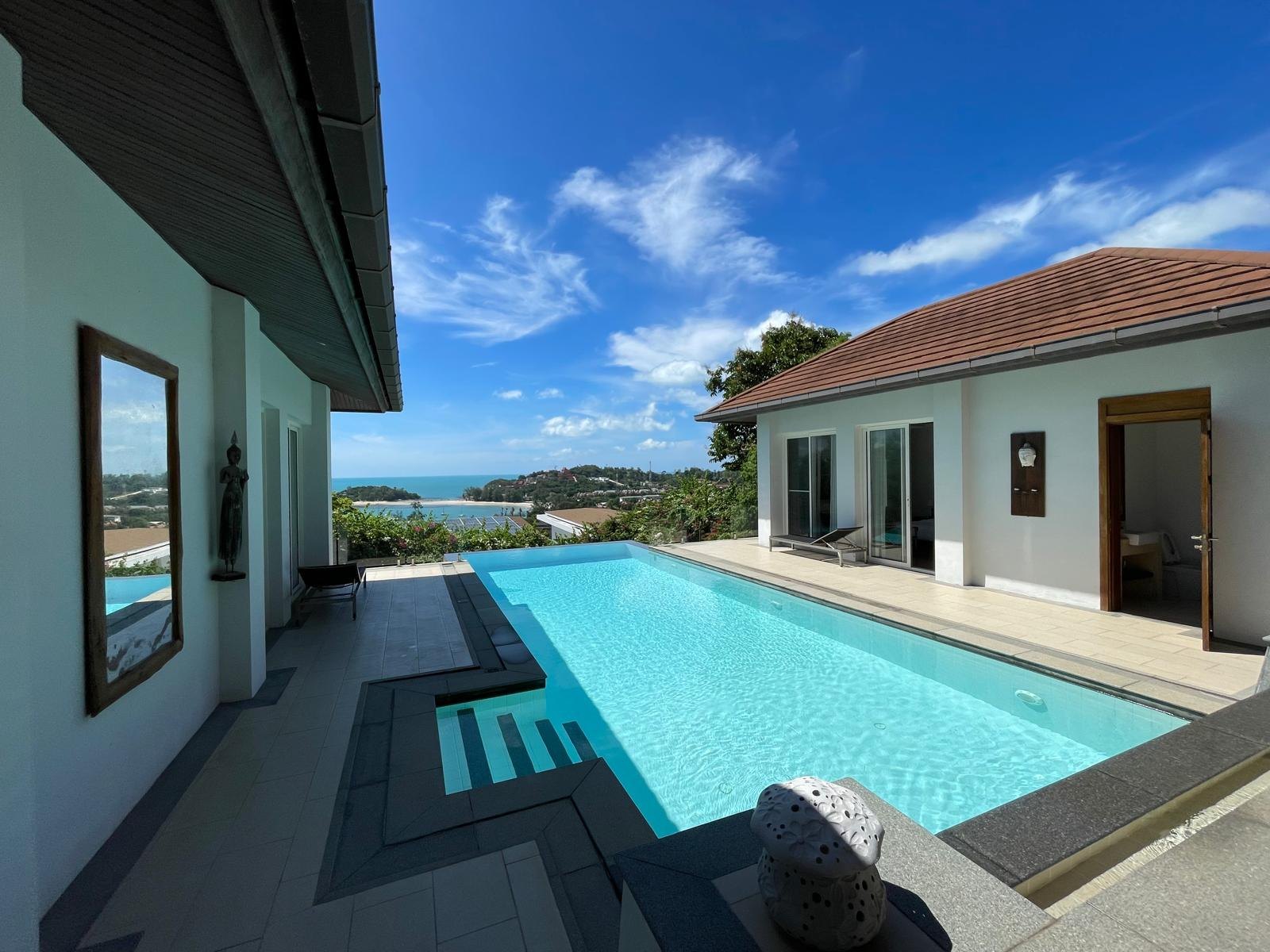 The villa and its pool under an open sky