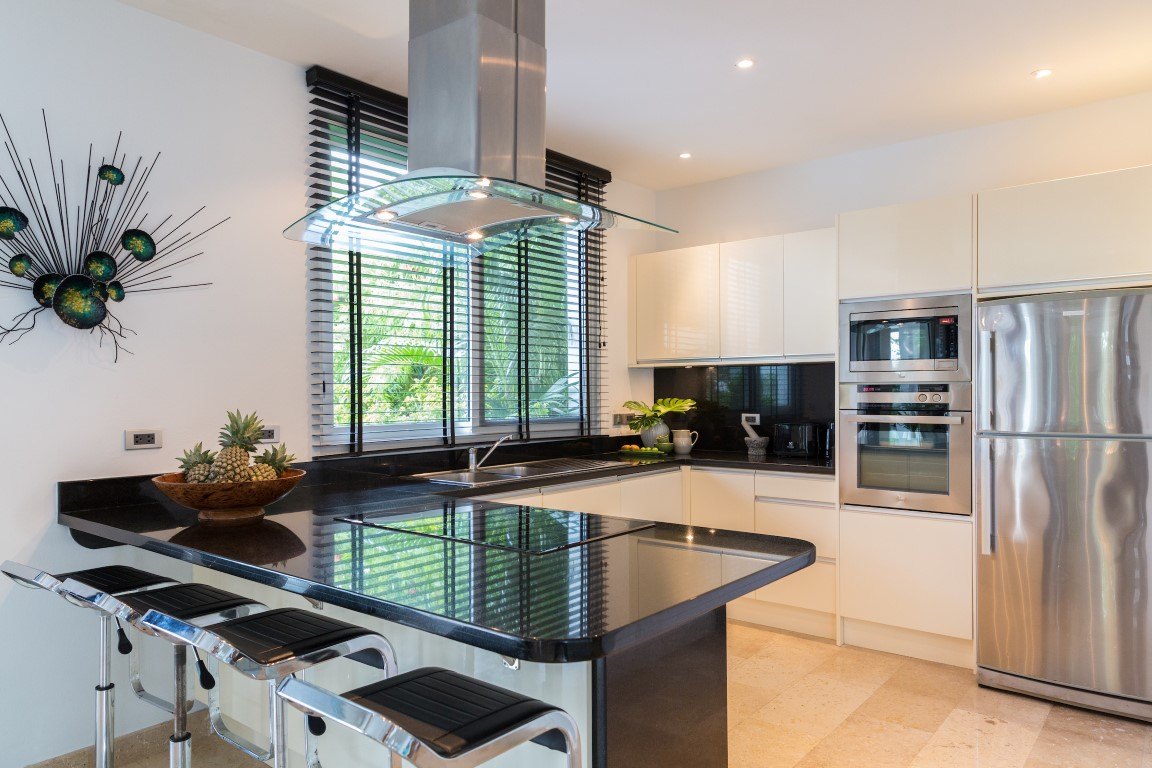 The kitchen and its island