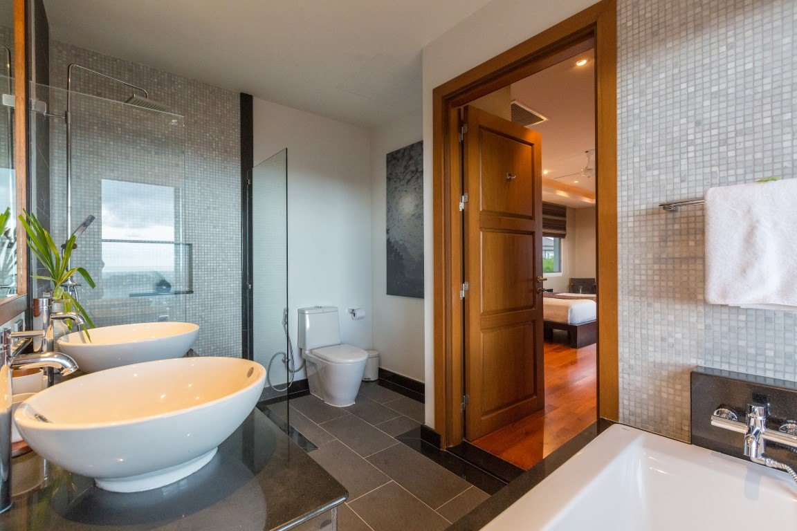 The master bathroom with its freestanding tub