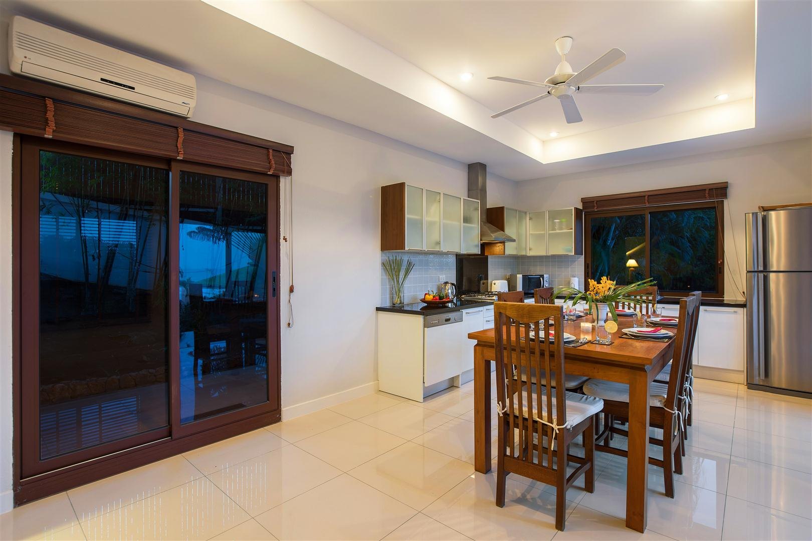 The kitchen seen from the dining end