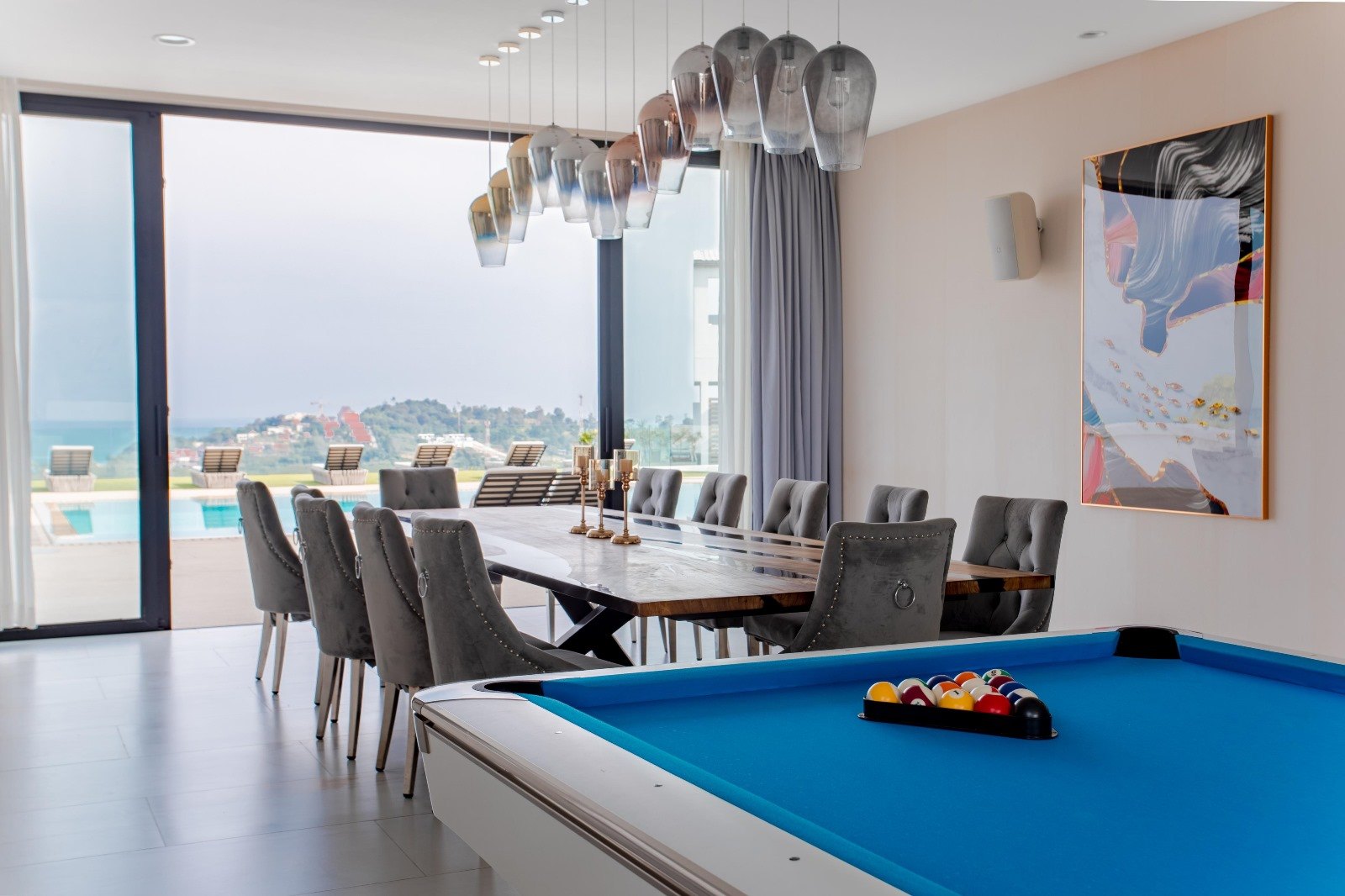 Dining area with the billiard table behind it