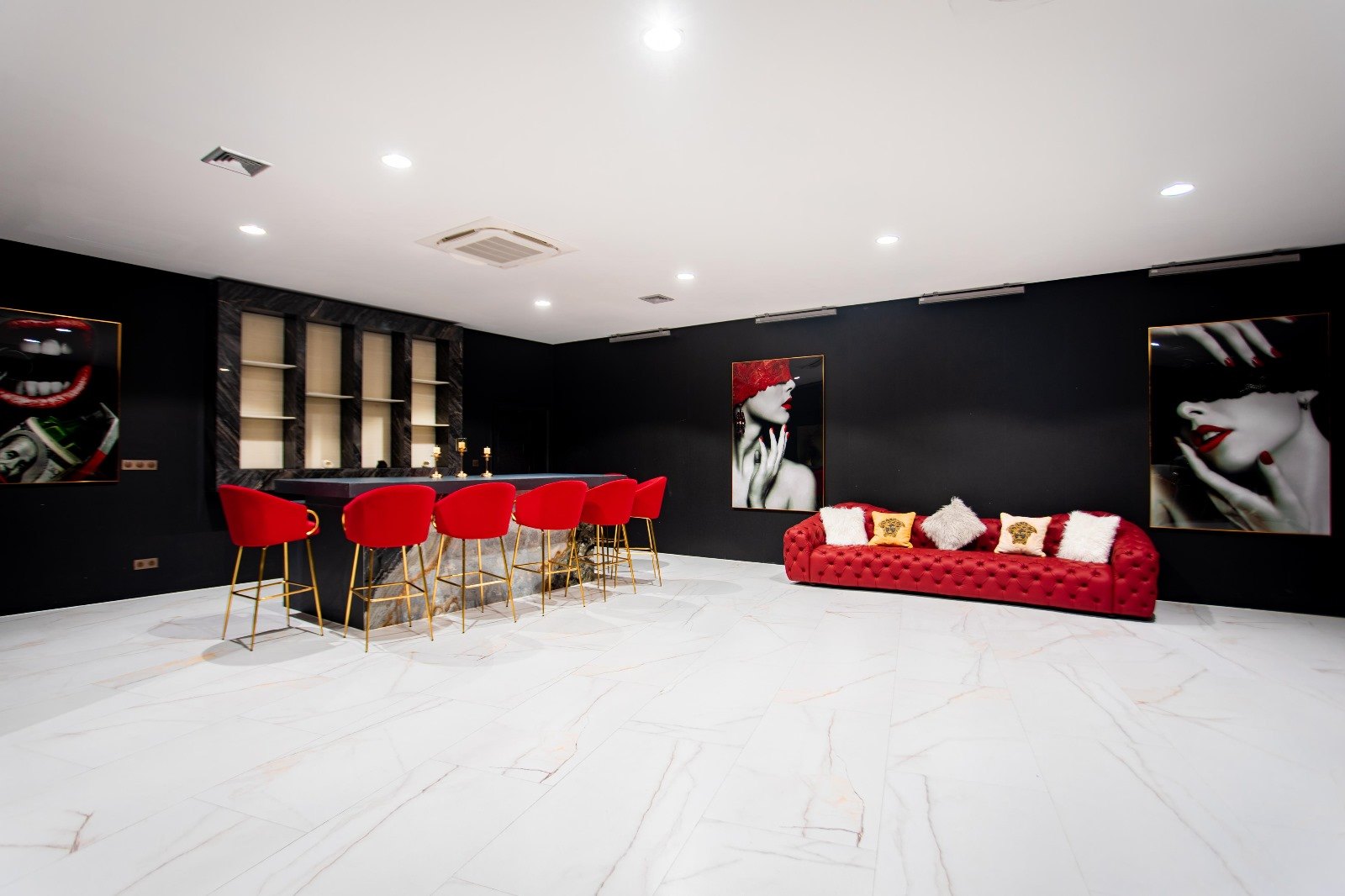 The party room with its red seating