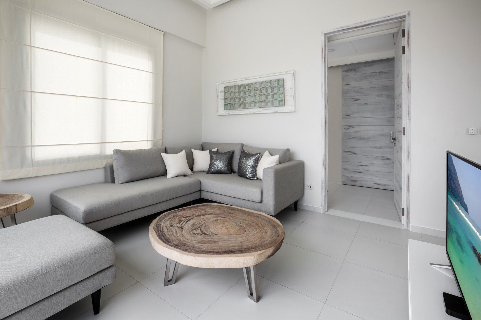 The living space seen from the terrace doors
