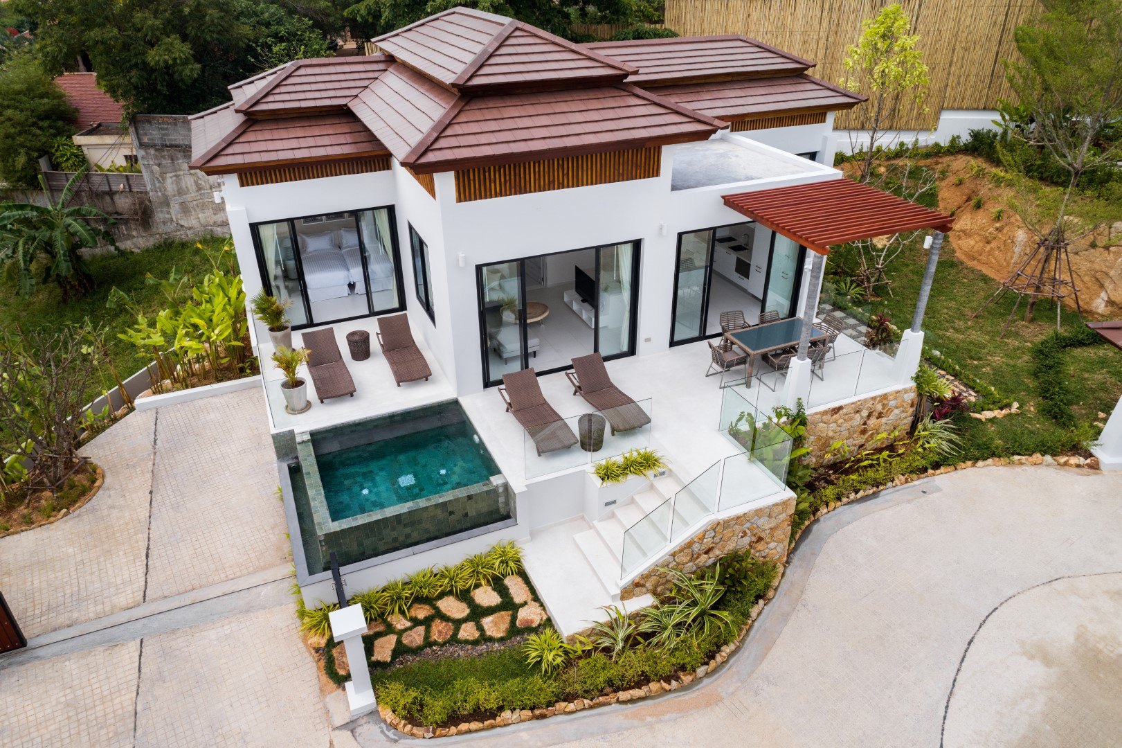 The house from the garden, steps up to the terrace