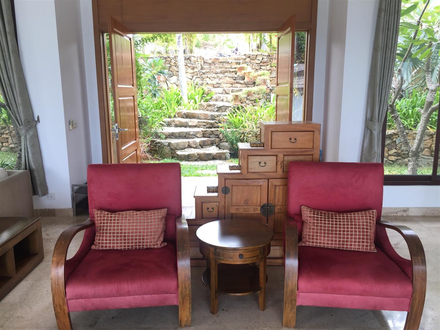 Seating beside the garden steps