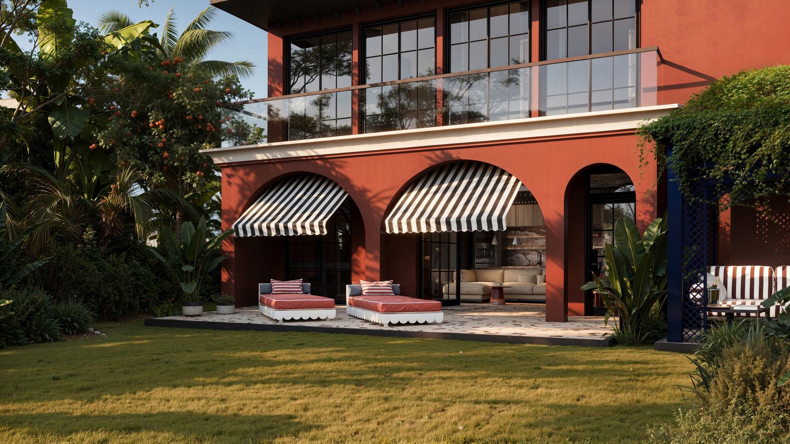 Two-storey villa in terracotta render, seen from its garden