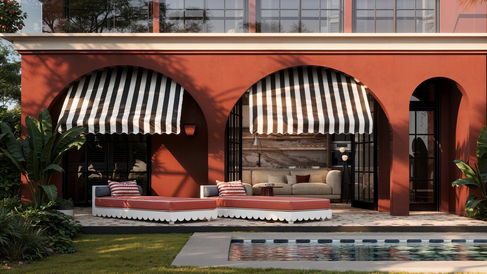 Arched ground-floor loggia with striped awnings and the terrace pool