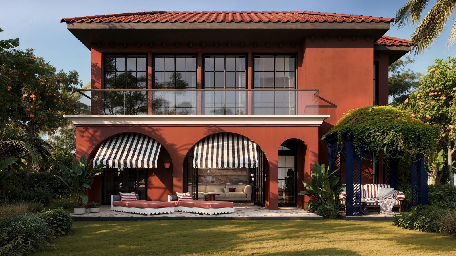 Front elevation of the two-bedroom villa with its planted garden