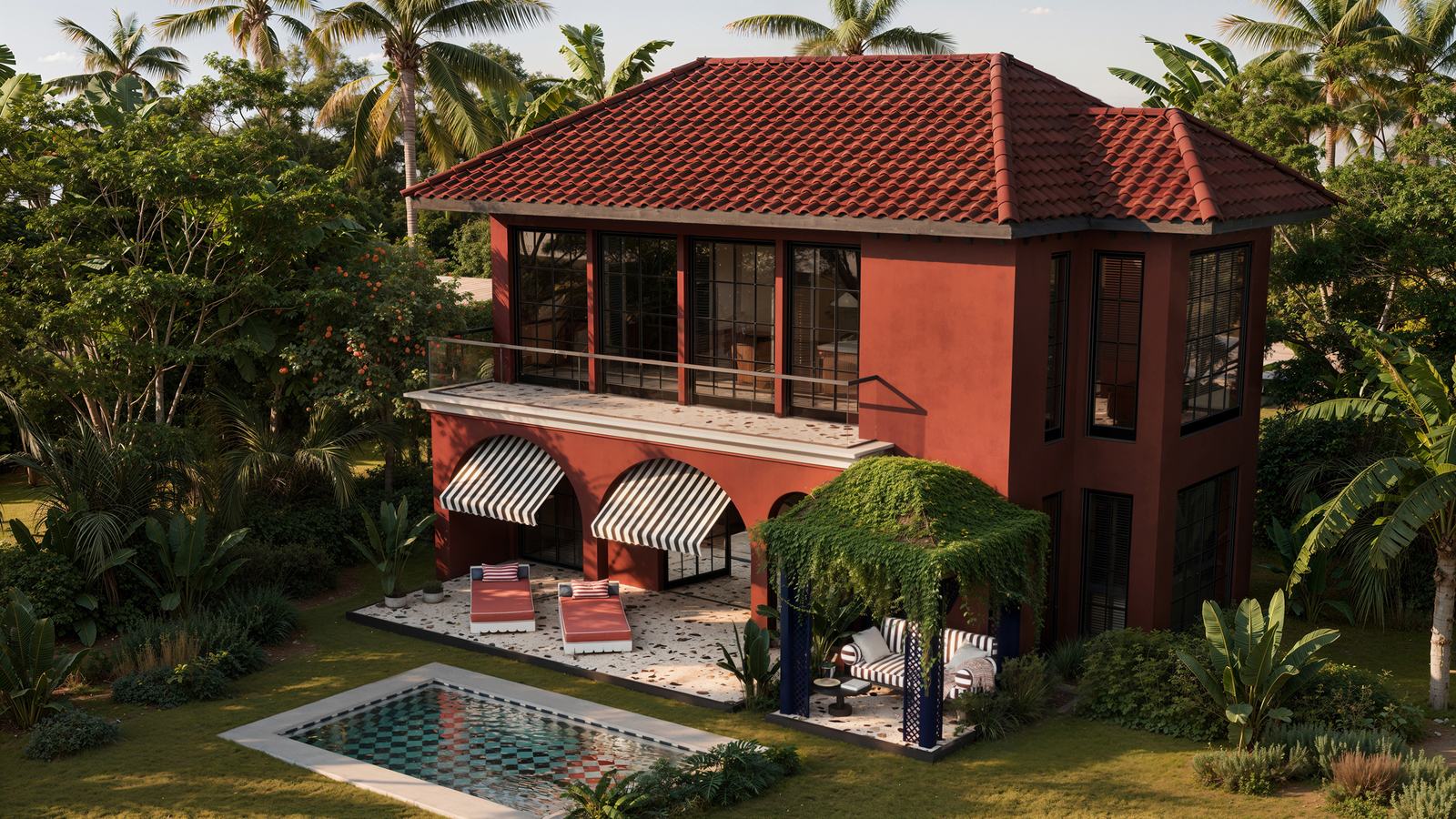 The villa from above, showing both floors and the garden terrace