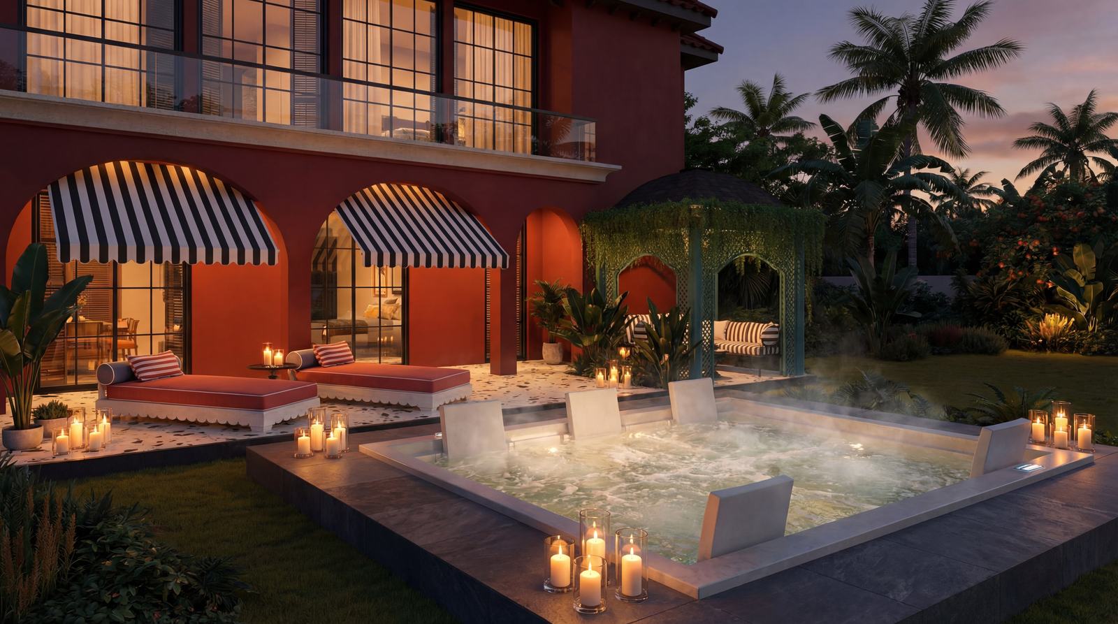 Villa at dusk with the optional private whirlpool lit by candles