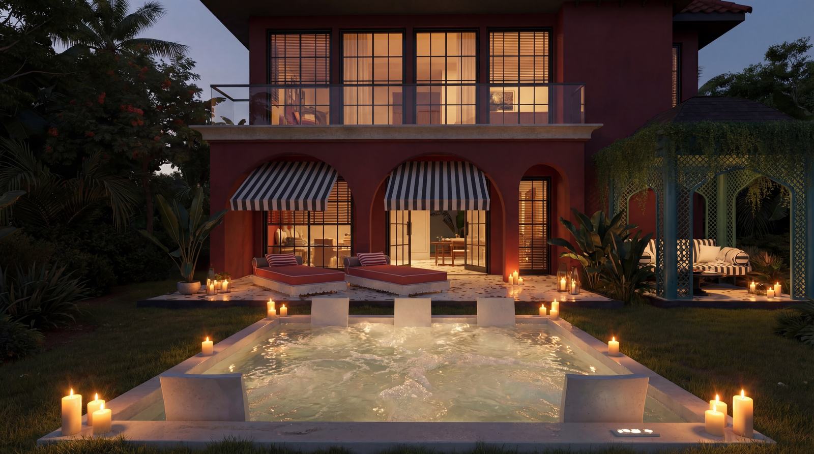 Evening view of the villa terrace and the optional private whirlpool