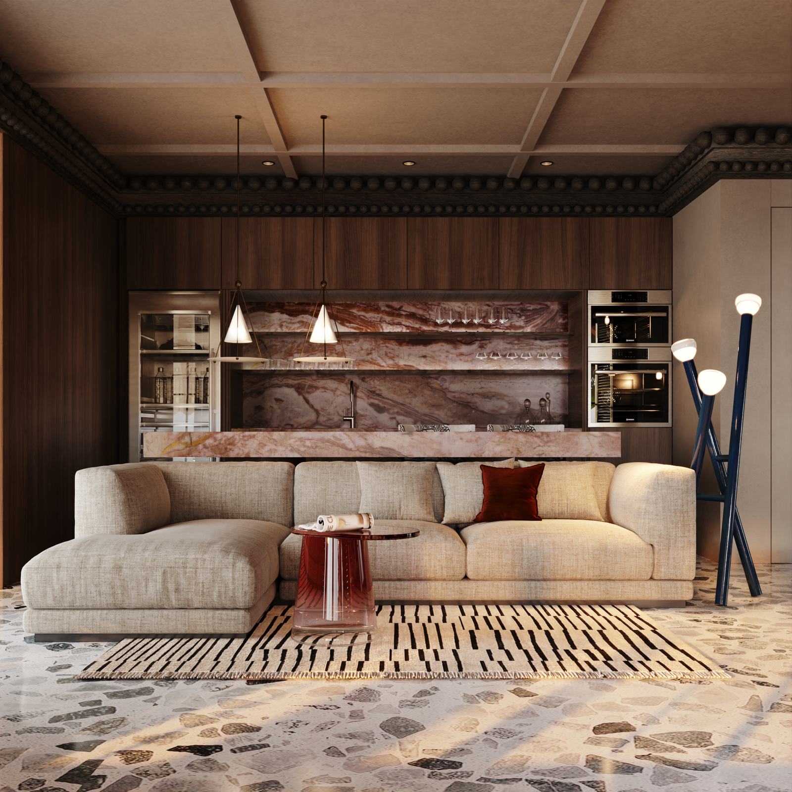 Open-plan living room and kitchen with a marble back wall