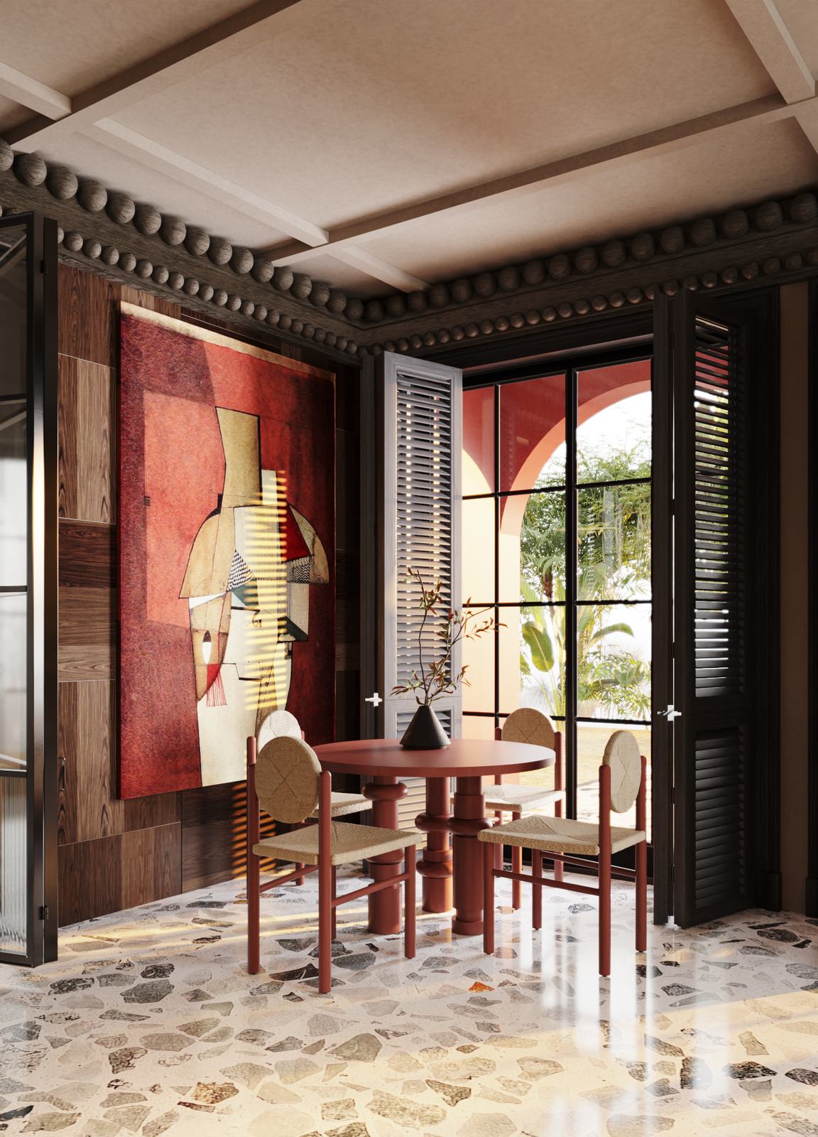 Dining corner beside the shuttered garden doors