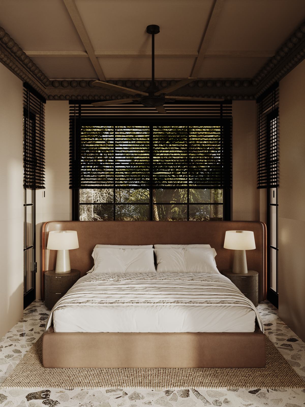 Second bedroom with louvred windows to the garden