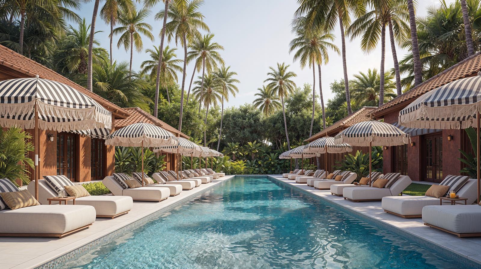 Main swimming pool lined with cabanas and sun loungers