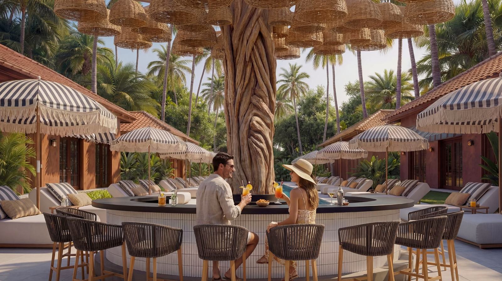 Pool bar under a canopy of woven parasols