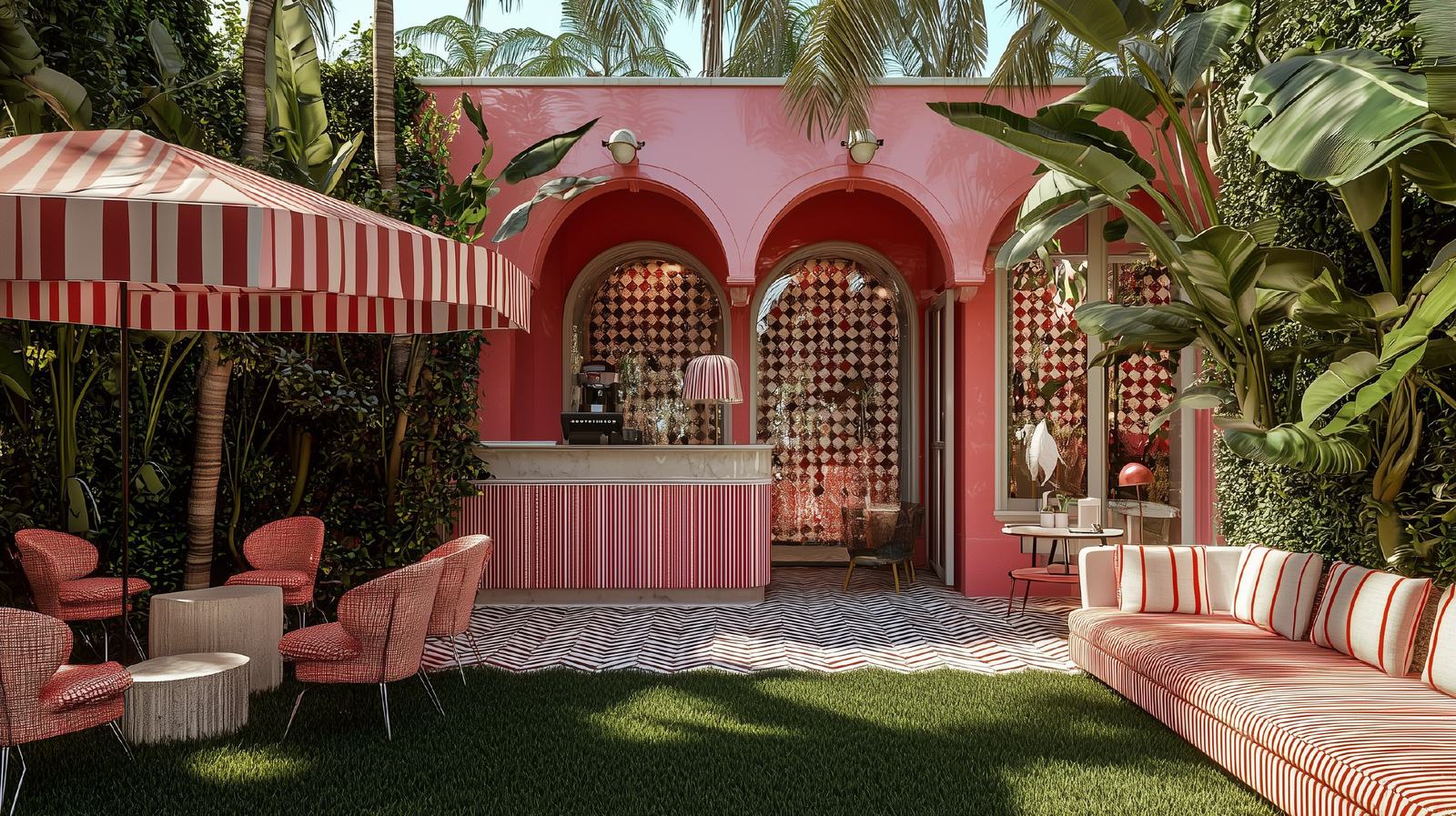 Garden cafe terrace with striped parasols and lounge seating