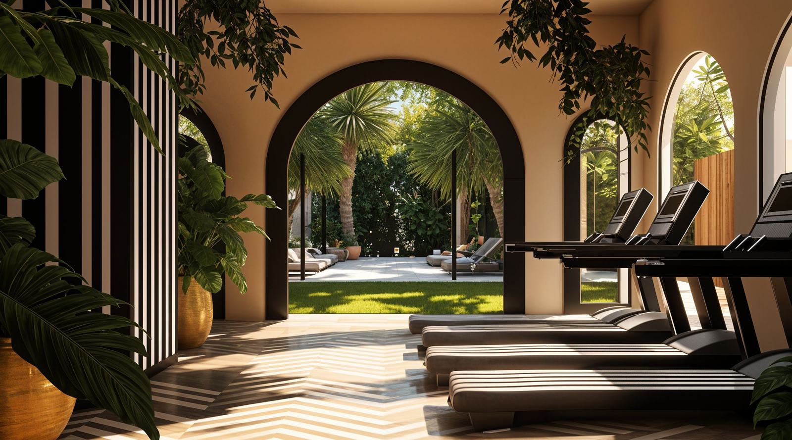 Gym opening through arches to the garden