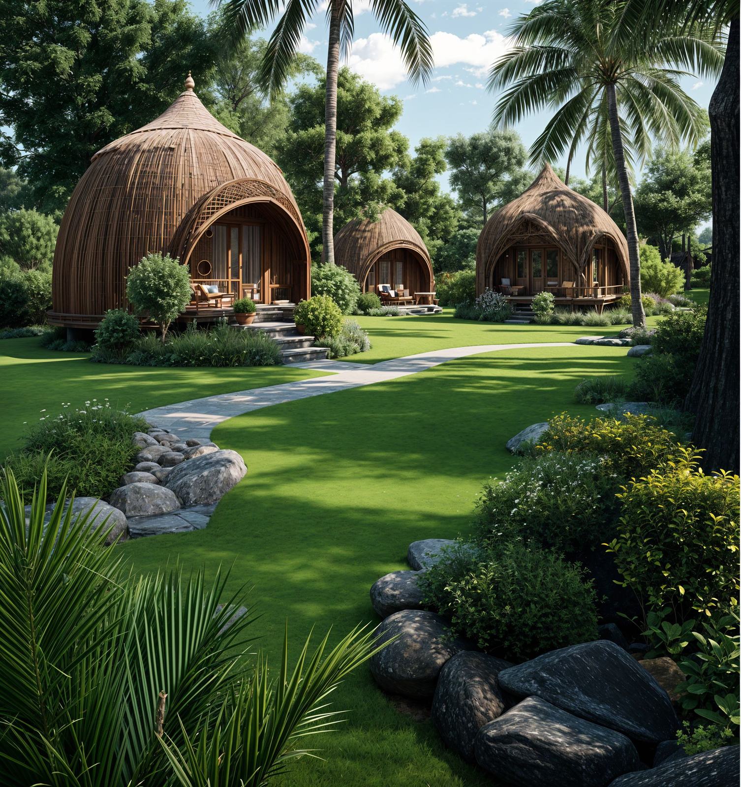 Hamam and sauna pavilions set in the lawn