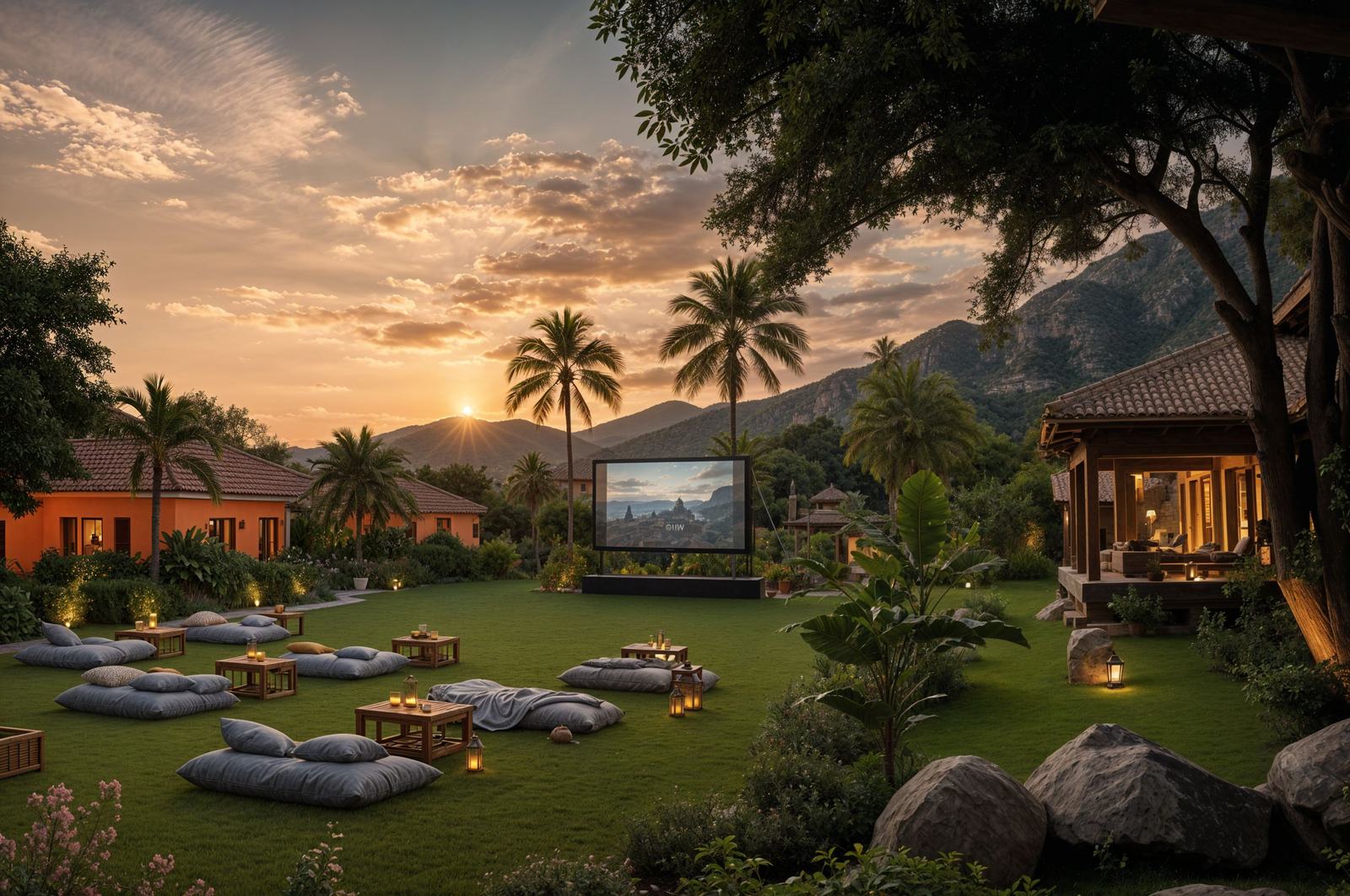 Outdoor cinema on the lawn at sunset