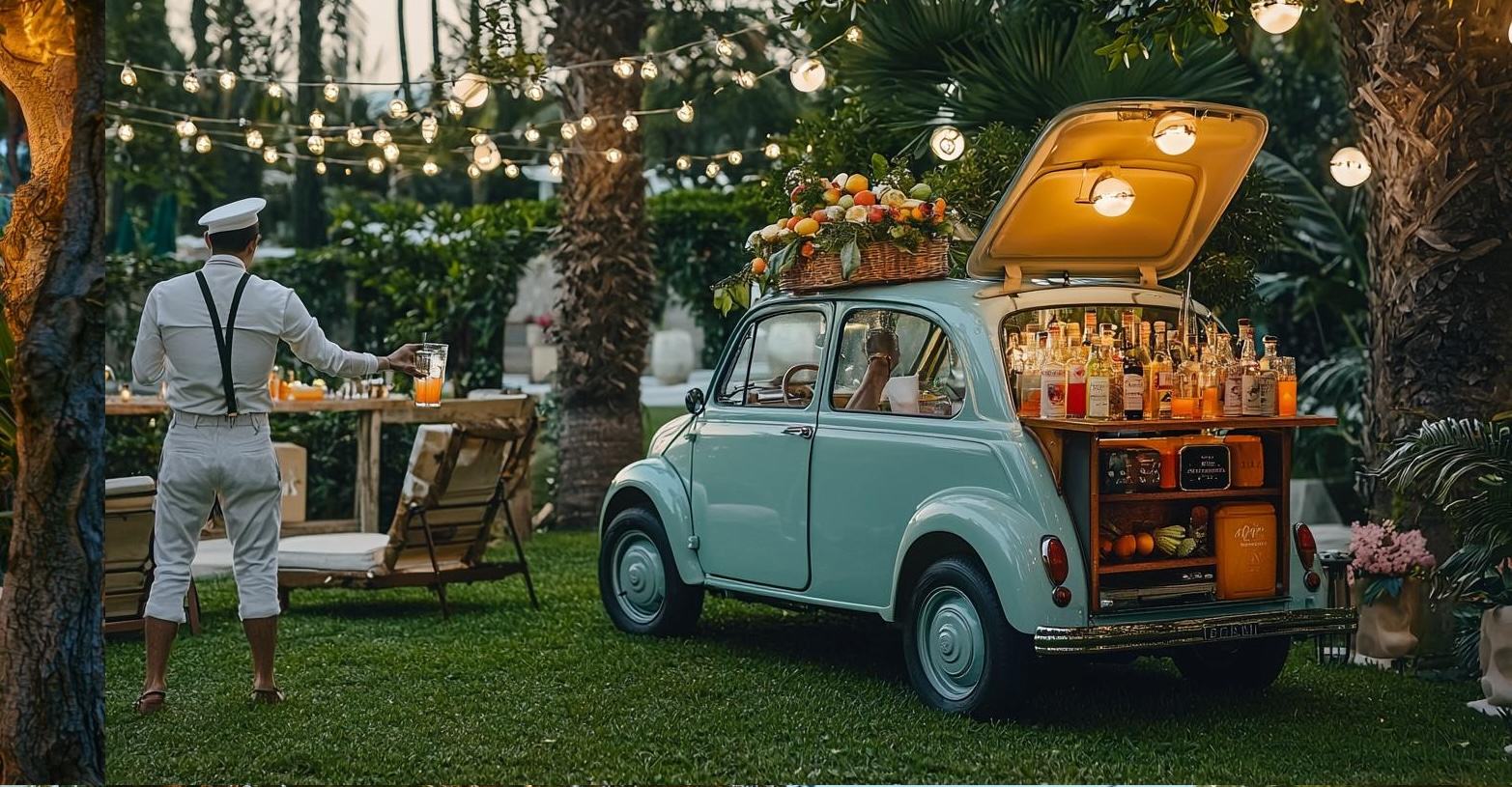 Mobile drinks bar serving the garden in the evening