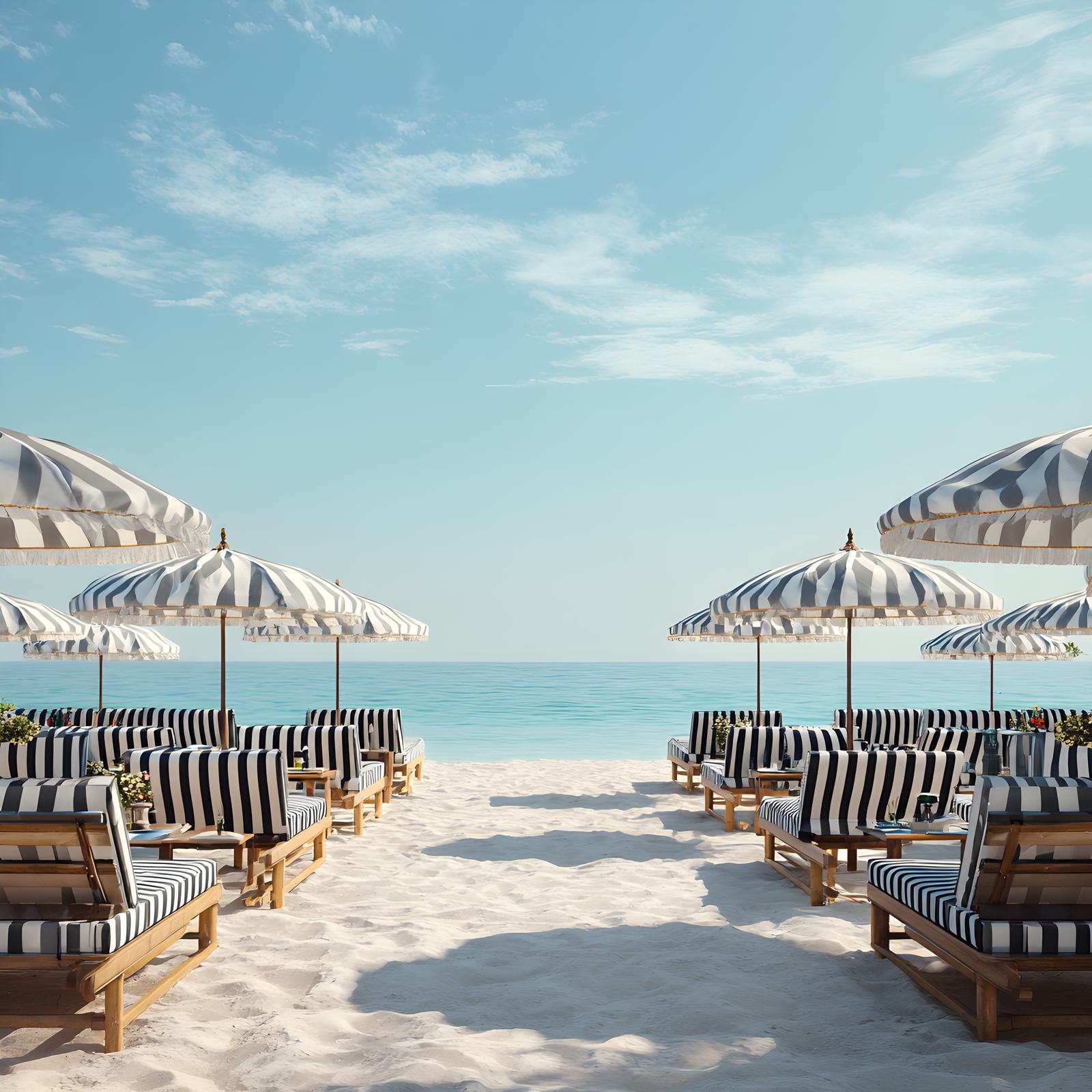 Private beach setup with striped parasols and loungers on the sand