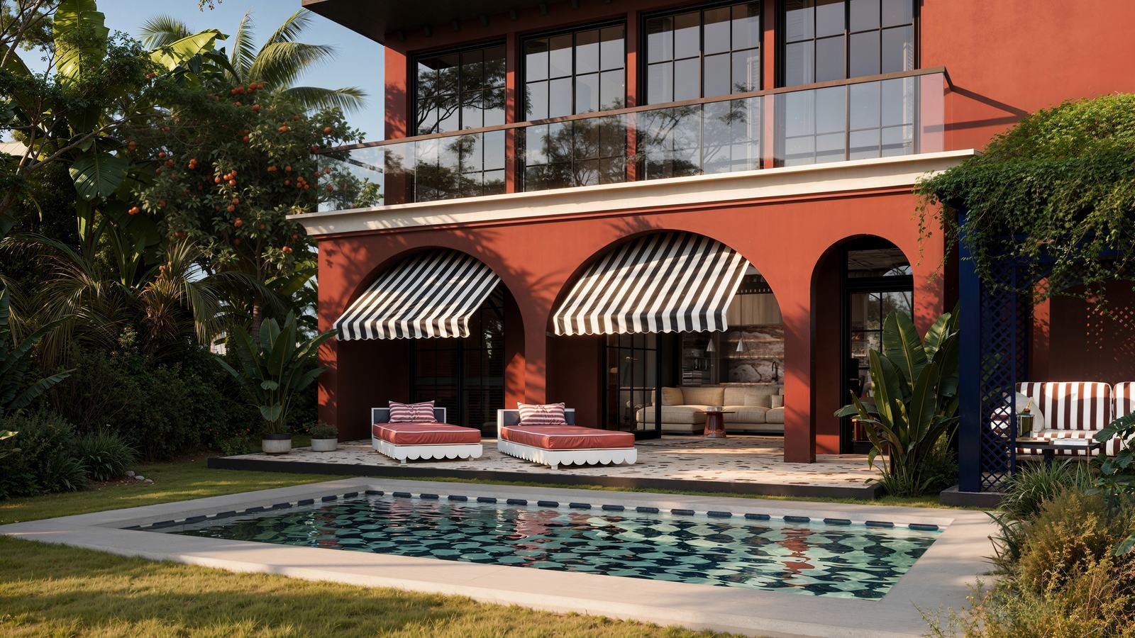 Arched ground-floor loggia with striped awnings and the terrace pool