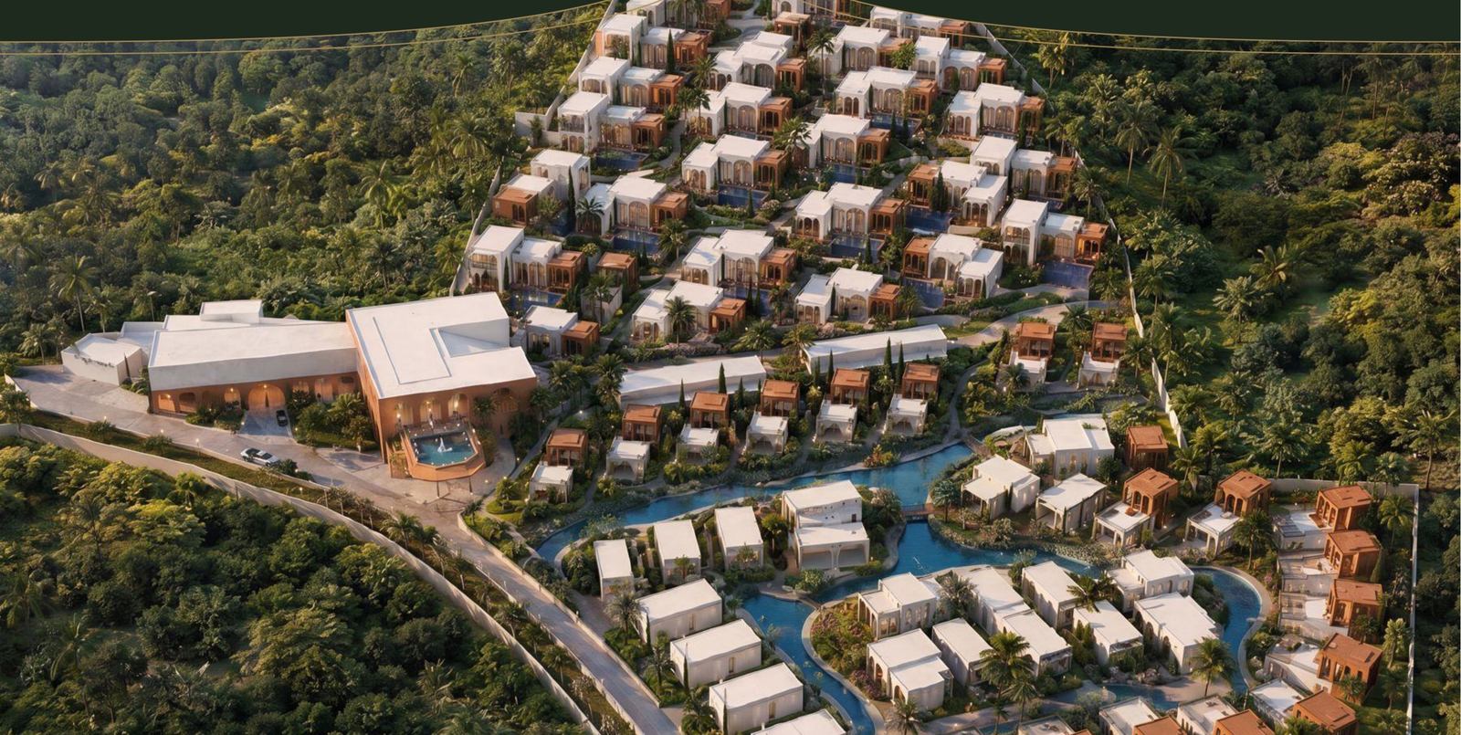 The estate from above, stepping down the hillside to the lagoon