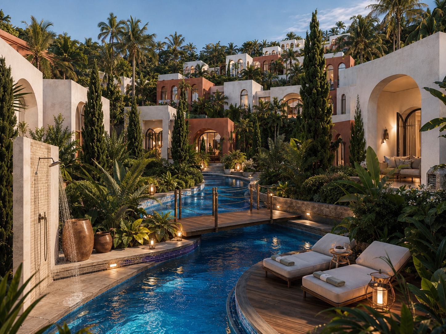 Lagoon pool winding between the residences at dusk