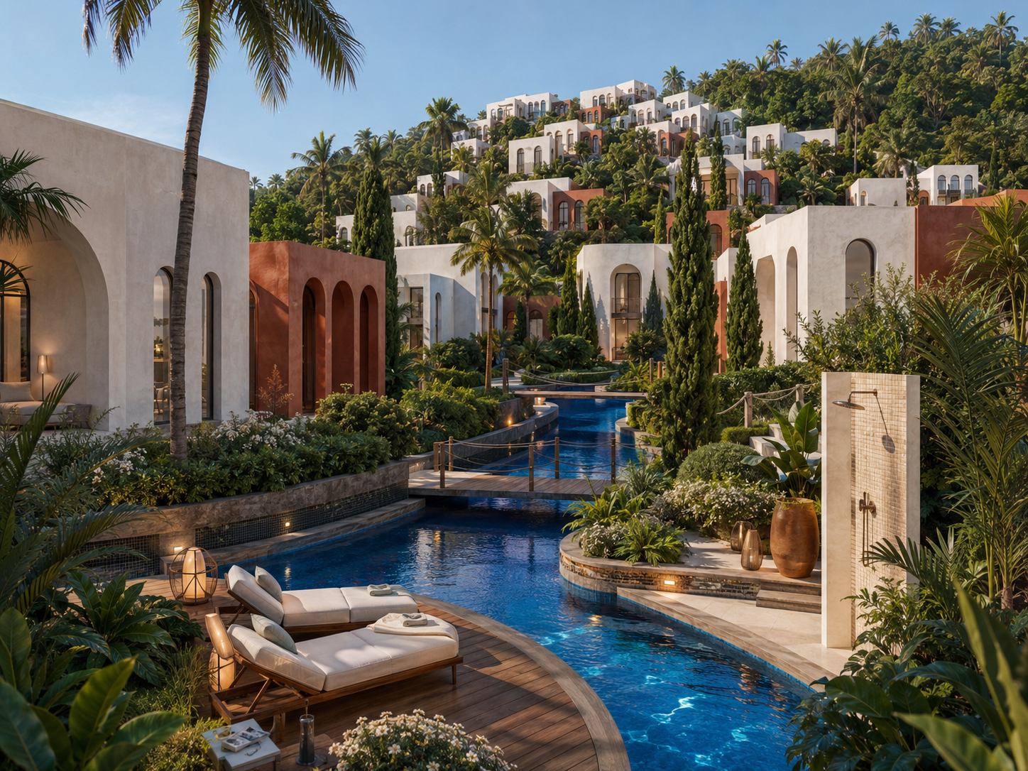 Sun loungers on a deck at the edge of the lagoon pool