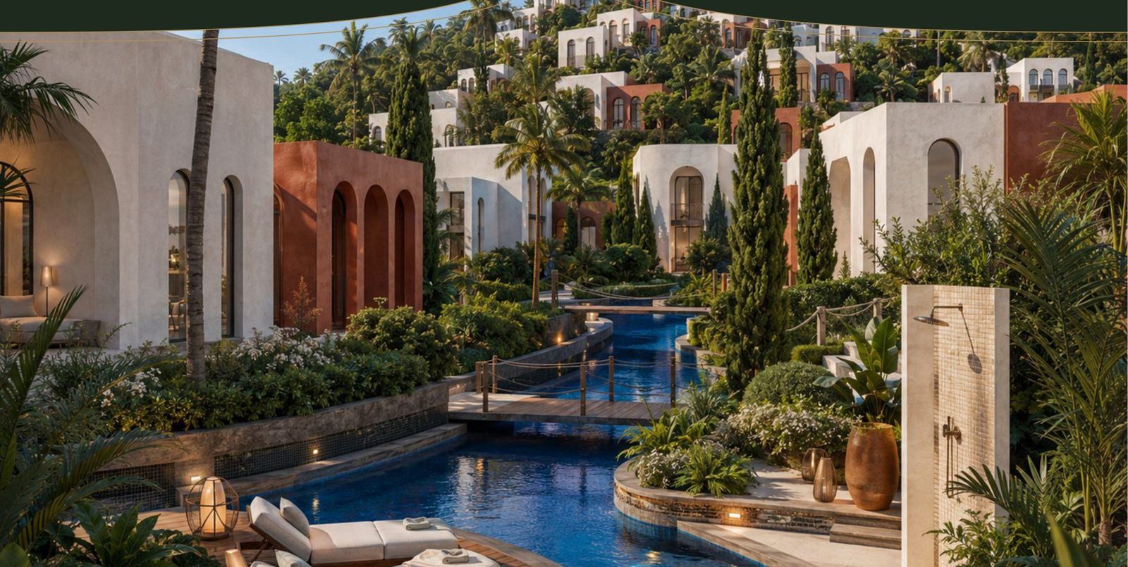 The lagoon threading between arched terracotta and whitewashed walls