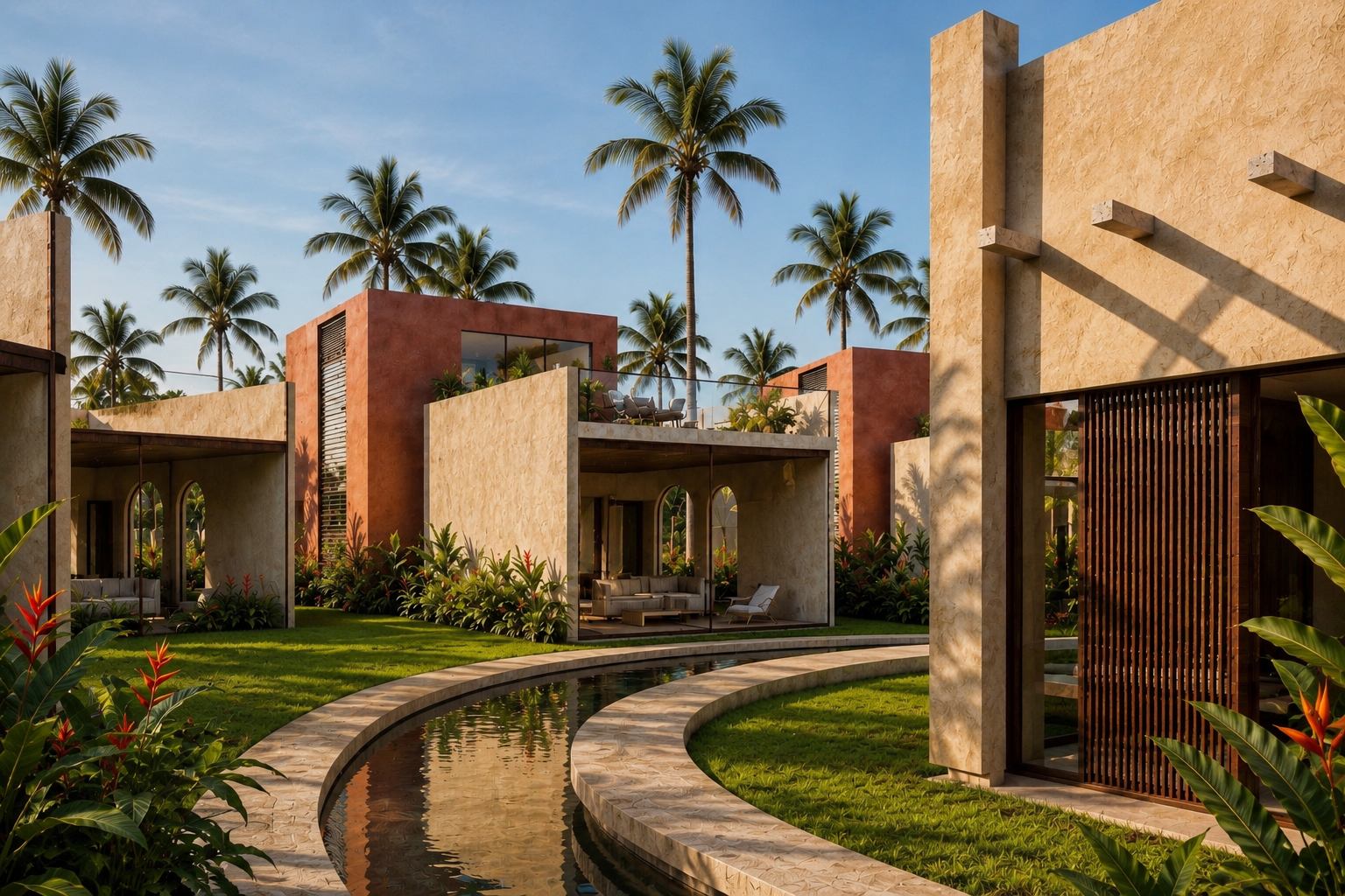Timber screen entrance to a lagoon-front residence
