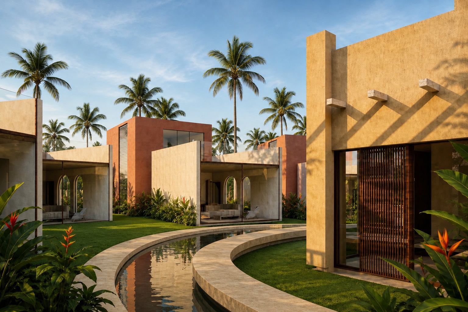 Residence entrance and lawn beside the lagoon