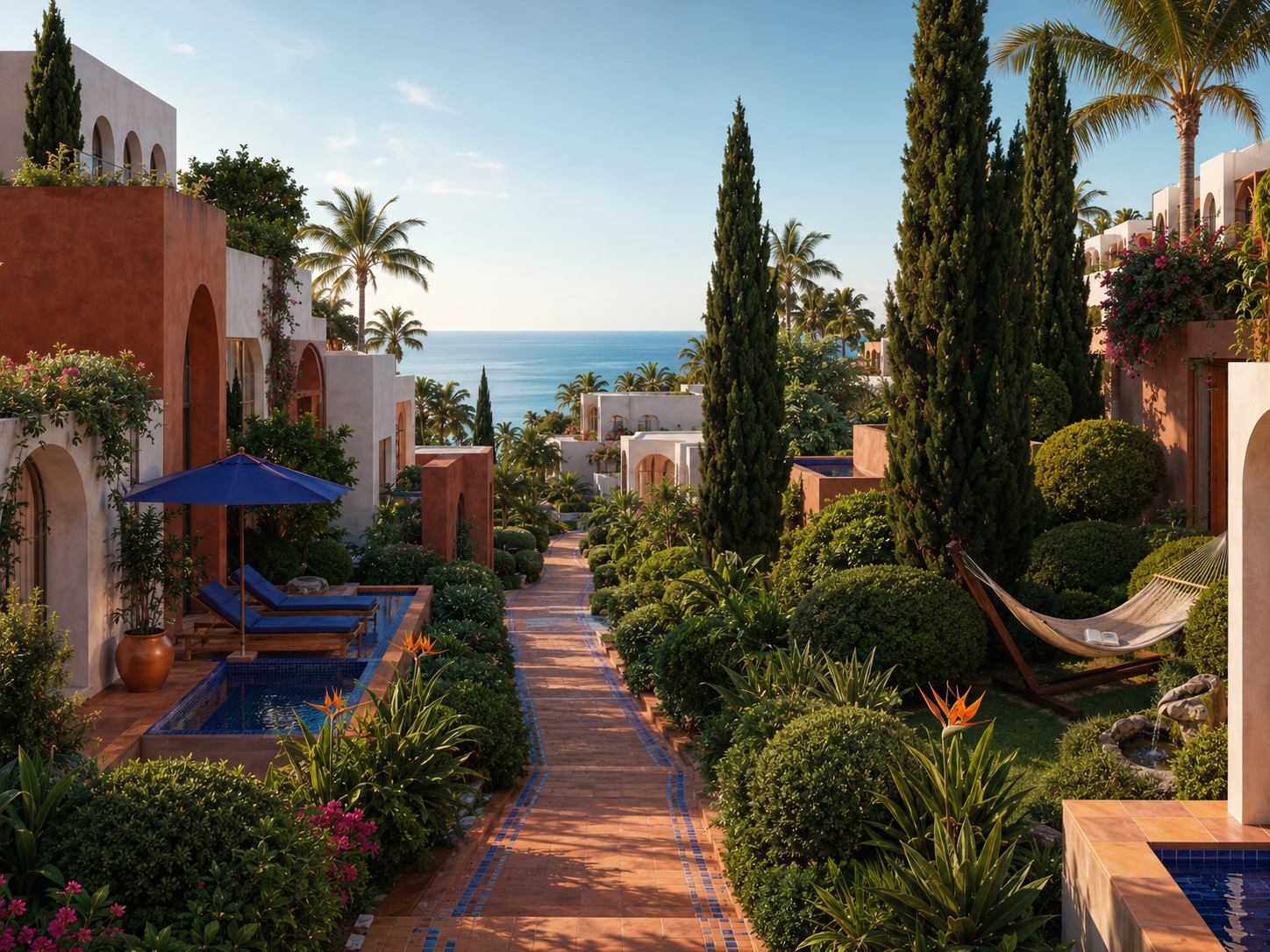 Planted lane between the hillside residences, sea beyond