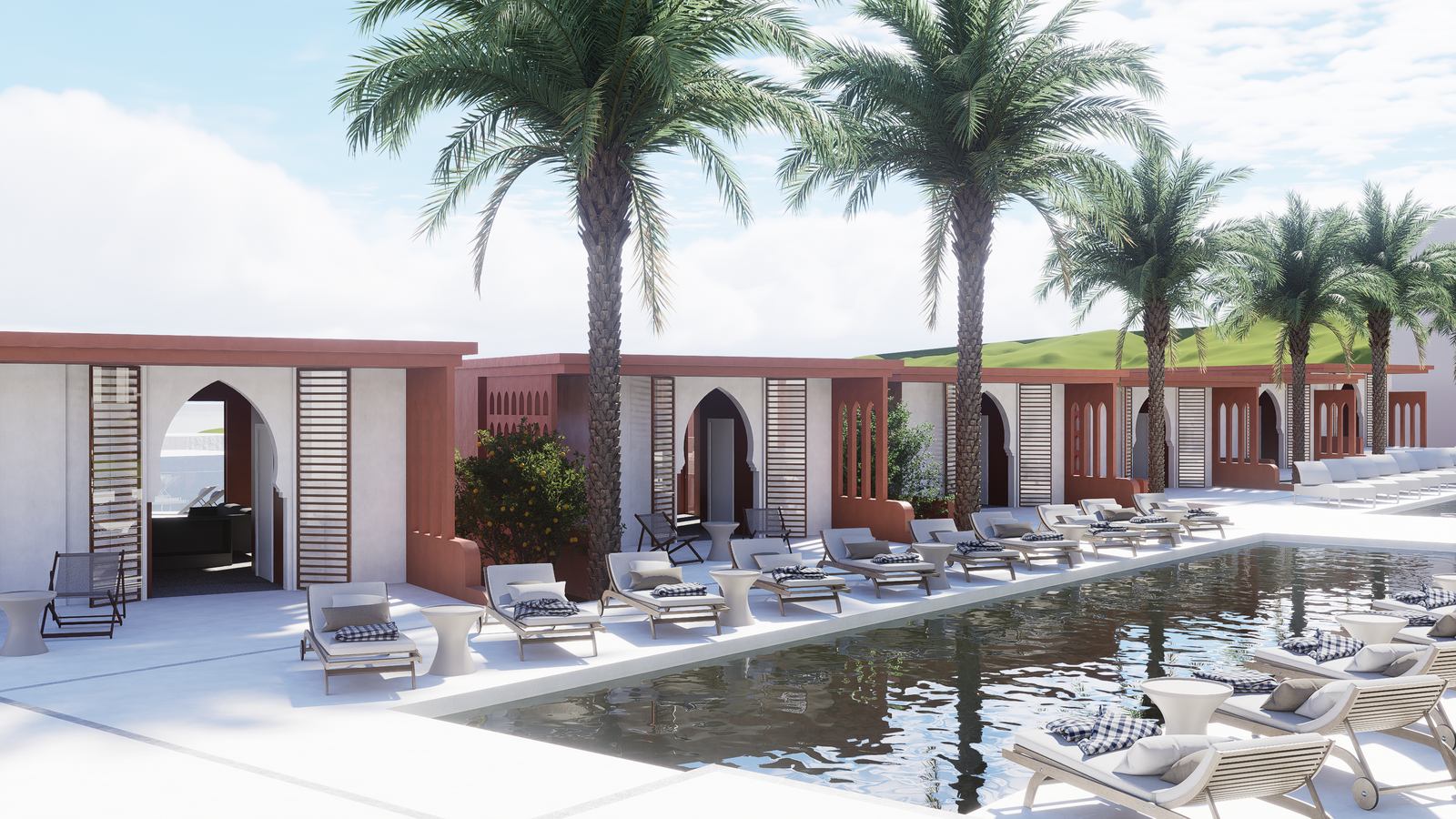 Hillside residences along the common pool