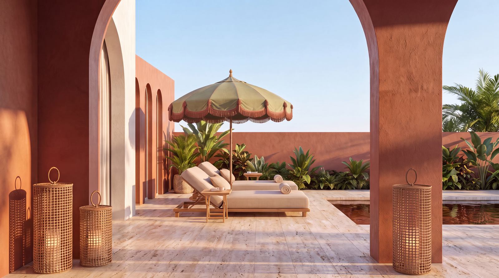 Shaded terrace of a ridge villa, framed by arches