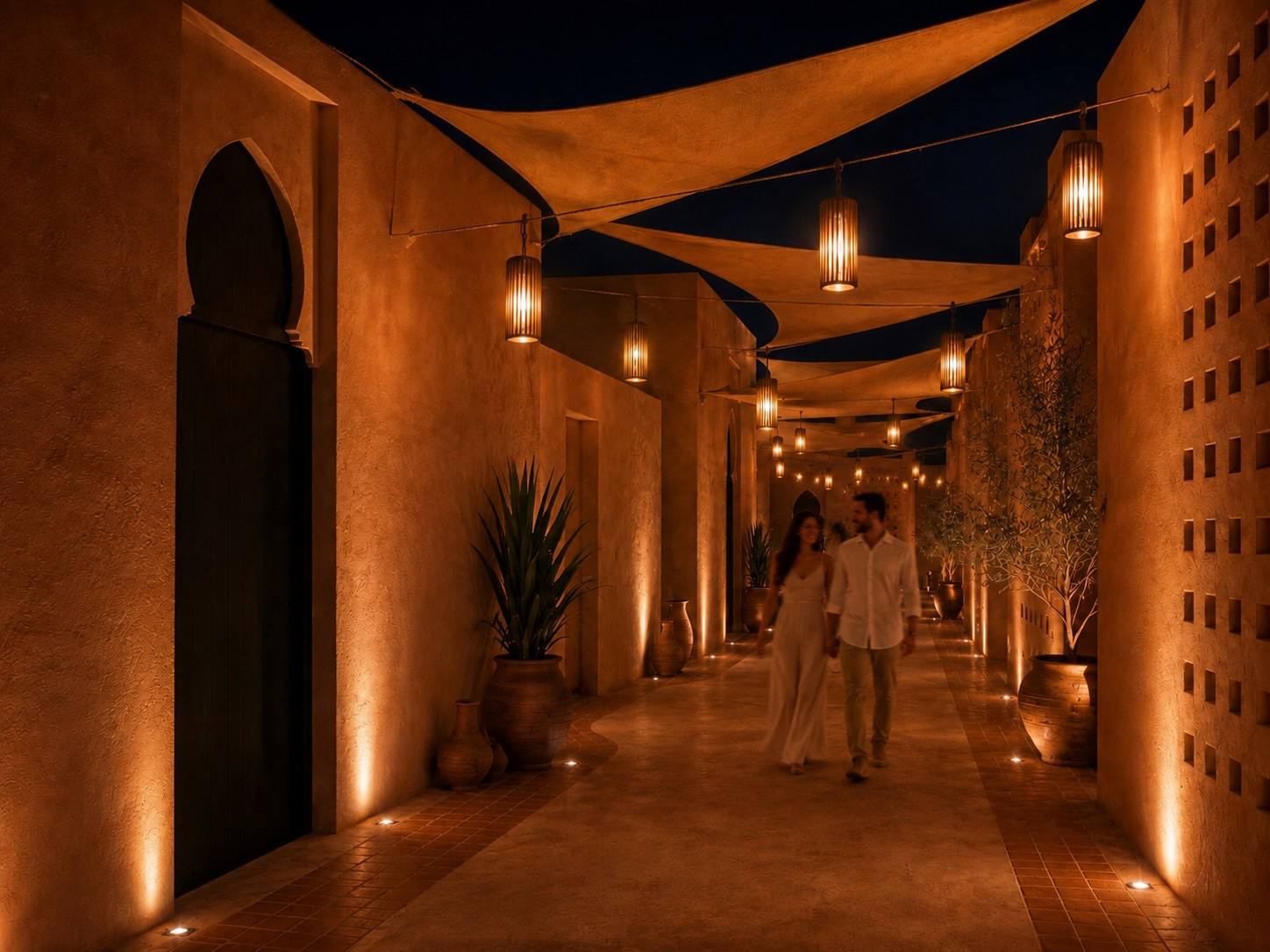 Lantern-lit walkway through the lower estate in the evening