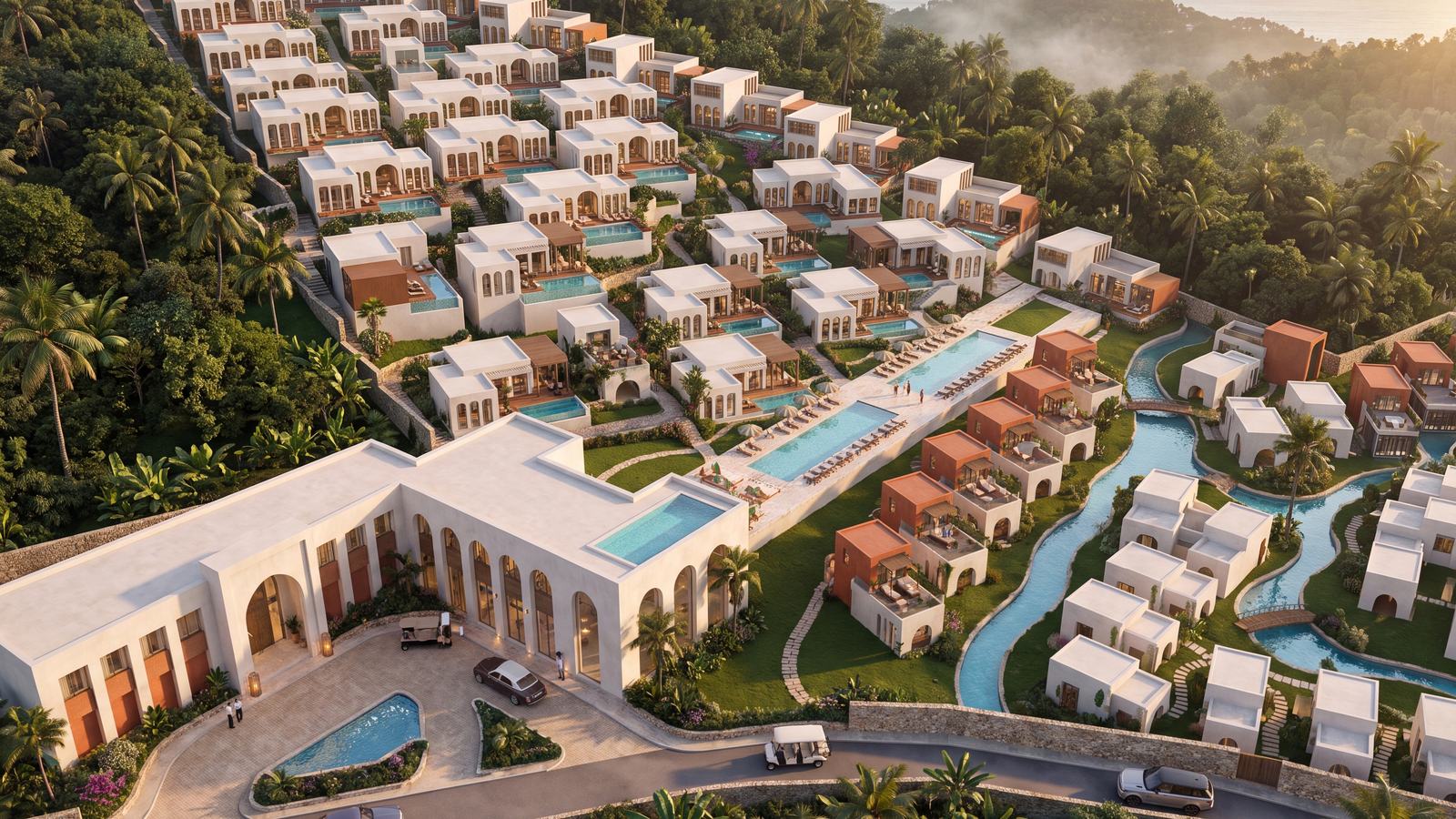 Lagoon pool winding between the residences at dusk