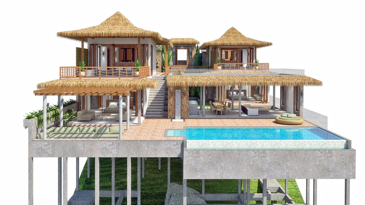 Design section through the villa, the levels stepping down to the pool